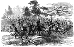 "The War in Virginia. Capture of three Confederate guns, near Culpepper, by General Custer's cavalry brigade, September 14th, 1863. Our sketch represents General Custer's brilliant capture of Confederate cannon near Culpepper. General Pleasonton, on the 14th of September, 1863, drove the Confederates back on Culpepper, and General Custer with his brigade came up with Stuart's horse artillery, which he charged twice, himself at the head, and the second time took guns, limbers, horses and men. His horse was killed by a round shot, which wounded the general in the leg and killed a bugler behind him. Our artist gives a spirited view of this brilliant affair which cannot fail to be of interest."— Frank Leslie, 1896
