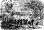 "Battle of Chancellorsville, Sunday, May 3rd, 1863. General Hooker repulsing the attack of the enemy. Early on May 3rd, Stuart renewed the attack upon Hooker's force, with the battle cry, 'Charge and remember Jackson!' and the advance was made with such impetuosity that in a short time he was in possession of the crest from which the Eleventh Corps had been driven the preceding day. No time was lost in crowning that eminence with all the heavy artillery obtainable, and as soon as this could be made to play upon the Federal lines a charge was successively ordered upon the position held by Generals Berry and French, both of whom were supported by the divisions of Williams and Whipple. After a severe struggle the Confederates succeeded in capturing the high ground where the Federals had posted some more heavy artillery, and in turning the latter upon the Federals, who soon had to fall back to their second and third lines of intrenchments. The Confederates followed close upon them, and made charge after charge in order to capture the new positions, but unayailingly and when re-enforcements arrived from Meade's corps they were forced to abadon the attack."— Frank Leslie, 1896