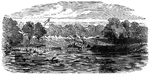 "Drury's Bluff, a Confederate position on the James River, near Richmond, Va. The principal Confederate defense of Richmond was Fort Darling, a heavy work on a high bank called Drury's Bluff, eight miles below Richmond. Here the river was closed with heavy piling and vessels loaded with stone sunk in the channel. The work was casemated and mounted with heavy guns. It will be remembered that the Federal ironclads, the <em>Galena</em> and the <em>Monitor</em>, were repulsed here during the progress of the Peninsular campaign. The <em>Monitor</em> was unable to elevate her guns sufficiently to reach the works, and the sides of the <em>Galena</em> were not thick enough to resist the plunging shot from the fort, which struck its sides at right angles. The <em>Naugatuck</em>, the only other vessel engaged in the assault, burst her single gun on the second discharge."— Frank Leslie, 1896