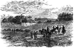 "The war in Virginia- officers and men of Meade's army discovering unburied Federal dead on the old battlefield of Bull Run. Our sketch was taken on the ground where the Fifth Corps was repulsed on the second day of the battle of Groveton in 1862. The old railroad embankment and cut where the Confederates held their position, defying the efforts of the Federals, who lost so terribly in the attempt, appear on the right, while in front a group of officers and men are gazing on the unburied remains of gallant men, which claim a sepulchre soon given them. Our correspondent wrote: 'In the long, luxuriant grass one strikes his foot against skulls and bones, mingled with the deadly missiles that brought them to the earth. Hollow skulls lie contiguous to the hemispheres of exploded shells. The shallow graves rise here and there above the grass, sometimes in rows, sometimes alone, or scattered at irregular intervals.'"— Frank Leslie, 1896