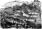 "Battle of Champion Hills, May 16th, 1863- the formidable position of General Pemberton carried by Generals Hovey, Logan and Crocker, of Grant's army. On the morning of the 16th of May, General A. P. Hovey's division, occupying the right of McClernand's corps, encountered the Confederate pickets, but no engagement took place until about eleven o'clock, when the Indiana troops, led by General McGinnis, made a deliberate attack upon the rapidly increasing force which Pemberton had brought together at Champion Hills. Two batteries which had been planted along a high ridge were doing considerable damage, and it was finally determined to assault them. They were both taken by the Eleventh and Forty-sixth Indiana and the Twenty-ninth Wisconsin, after a fierce hand-to-hand fight; but the arrival of fresh Confederate troops and the want of re-enforcements prevented their being held for any length of time. The Federals withdrew, and remained under cover of their artillery till joined by part of Quimby's late dvision, commanded by General Marcellus M. Crocker. Another advance was then ordered, and while Pemberton's right was thus engaged Logan's division attacked his left, and succeeded in flanking and in forcing it back in such manner as to completely isolate for awhile the whole of General Loring's brigade, which occupied the extreme Confederate right. The attack was so fierce that Stevenson's line became completely demoralized, yielded in turn, and by four o'clock the Confederates were in full retreat toward the Big Black River. Just then the other division of McClernand's corps came upon the scene, and a pursuit was ordered by Generals Carr and Osterhaus. This lasted until dark, and resulted in the capture of many prisoners and arms of all descriptions. The total loss in killed and wounded on both sides approximated to 4,000."— Frank Leslie, 1896