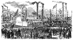 "Re-enforcements for Grant's army leaving Memphis, Tenn. Our sketch shows the <em>Alice Dean</em>, a crack Western steamer, leaving Memphis with re-enforcements, and with doctors, nurses, etc., for the wounded. She was in charge of the Cincinnati branch of the United States Sanitary Commission, and commanded by Mr. R. B. Moore, of Cincinnati. She was a very fast boat, having run up to Cincinnati from Memphis in 2 days, 23 hours and 5 minutes. The scene depicted was one of constant occurrence, as troops were pouring daily into Memphis from all parts."&mdash; Frank Leslie, 1896