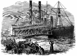 "The Banks Expedition- scene on the levee, Baton Rouge, La. Contrabands unloading military stores from the United States transport <em>North Star</em>, over the Mississippi steamer <em>Iberville</em>. The <em>Iberville</em> had quite a history in connection with the military operations on the Mississippi. She was taken possession of by the United States authorities on the surrender of New Orleans, and was engaged as a transport during the expedition. She several times ran the gantlet of Confederate batteries and guerrillas. On one occasion she sustained a running fire from a battery of six guns for at least twenty minutes, while passing Donaldsonville, having four men killed and four wounded, one of her engines disabled and her upper works riddled."&mdash; Frank Leslie, 1896