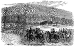 "The army of the Cumberland- Wilder's mounted infantry passing a blockhouse on the Nashville and Chattanooga Railroad. Among the strange anomalies of the war was the active corps of mounted infantry, of which the portion commanded by Colonel Wilder, and which appears in our engraving passing a blockhouse on the Nashville and Chattanooga Railroad, was the most important. The mounted infantry brigade consisted of Colonel Wilder's regiment, the Seventeenth Indiana, the Seventy-second and Seventy-fifth Indiana, and Ninety-eighth Illinois; they were mounted by Colonel Wilder in order to enable him to cope with Morgan and other Confederate guerrillas. But the step cost the government nothing, his horses and accoutrements being all captured from the enemy."— Frank Leslie, 1896