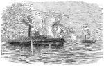 "Disabling and capture of the Federal gunboats <em>Sachem</em> and <em>Clifton</em>, in the attack on Sabine Pass, Tex., September 8th, 1863. One of the objects of this expedition was to take Sabine City; and on September 8th Generals Franklin and Weitzel proceeded to the pass, and prepared to enter and land their troops as soon as the enemy's batteries were silenced. The strength and the position of these were known, the pass having been in Federal hands in 1862, yet the only preparation for attack was to send the <em>Clifton</em>, an old Staten Island ferryboat, and the <em>Sachem</em>, an inferior propeller, to attack the batteries, putting on them about one hundred sharpshooters. The vessels advanced firing, but without eliciting a reply till they were well in range, when the batteries opened. The <em>Sachem</em> was soon crippled and forced to strike, while a shell penetrated the boiler of the <em>Clifton</em>, causing an explosion that made her a perfect wreck. Many were killed in the action and by the explosion; some few escaped, but nearly all that survived were made prisoners."&mdash; Frank Leslie, 1896