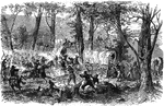 "Confederate cavalry attacking a Federal supply train, near Jasper, Tenn. We give a sketch of the capture of a Federal supply train of several hundred wagons, loaded with ammunition and subsistence, by a large body of Wheeler's Confederate cavalry, near Jasper, Tenn., while on the way to Chattanooga. The guard made a stubborn resistance, but being few in number were soon overpowered by the Confederates, whose headlong attack and numerical superiority threw the whole train into confusion and prevented escape. The cavalry were supposed to have crossed the Cumberland at Kingston, above General Burnside, and come down in his rear. This daring act showed how materially a large force of cavalry was needed in the Army of the Cumberland."&mdash; Frank Leslie, 1896