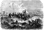 "Battle of Chickamauga, Ga., September 19th-20th, 1863, between Generals Rosecrans and Bragg. Our sketch of this most important battle shows General Thomas and his staff anxiously looking for re-enforcements as his gallant troops from their temporary breastwork of loggs and knapsacks, are repulsing the retreated assaults of the overpowering Confederate forces and saving the whole Army of the Cumberland from destruction. After skirmishing on Thursday and Friday, September 17th and 18th, General Rosecrans on Saturday formed his line, with General Thomas on the left, having under him Brannan, Baird and Reynolds; Negley and Wood held the extreme right at Owen's Ford and Gordon's Mill. Crittenden's corps, consisting of Palmer's and Van Cleve's divisions, formed the centre, with part of McCook's on each side. The line generally followed the Chickamauga, though on the left it took the course of the Lafayette Road. Between ten and eleven A. M. Cranston's brigade, of Brannan's division, met the first attack, and in a few moments the whole division was forced back, Thomas then ordered his entire line to advance, and Longstreet was driven back with slaughter, losing the ground and cannon he had gained, and his corps was fast melting under the blows of Thomas, when Polk and Hill threw their corps with impetuosity on Crittenden, and after a fierce struggle routed him, and drove to the right, in similar disorder, Davis's division, of McCook's corps, leaving a wide gap in the line and exposing Thomas to a heavy flank attack. Back then his victorious troops returned to meet the new enemy, and Thomas, with Negley and Wood, from the right, rallying some of the routed centre, drove the enemy back. Before the deadly fire of this new line the Confederates everywhere retired, and before sunset Rosecrans's army held its old line. During the night Rosecrans fell back to a new line, resting Negley with his right on Missionary Ridge, Van Cleve, Wood and Sheridan on the left, and Thomas more in the centre. The fight commenced on the extreme left, and the Confederates, about ten in the morning, attacked Negley with all their strength, and Longstreet again rolled his verterans on Thomas, and again a bitterly contested fight took place. At last General Reynolds began to give way, and Wood was sent to his relief. As Davis moved to fill Wood's place the Confederates took them in flank, and routing them, severed Rosecrans's line, leaving him, with Sheridan, Davis and Wilder, cut off entirely from the mass of his army. Thomas gathered up the other portion of the army in a strong line on Missionary Ridge, and prepared to resist the last Confederate attack, made with all the inspiration of victory; but his men stood firm, and a cloud of dust to the left soon showed a line advancing on the Lafayette Road. Every eye was strained; a moment would tell whether the day's disaster must close in irreparable ruin or there was yet hope of repulsing the foe. It was General Granger with two fresh brigades, which, fresh for battle, now rushed on the enemy and drove them from a hill which they had gained; and thus aided, Thomas repulsed the enemy, and fell back, unmolested, to Rossville."— Frank Leslie, 1896
