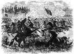 "Desperate hand-to-hand combat between Federal cavalry, commanded by General Averill and the daring Confederate general Fitzhugh Lee belong the chief honors of this brilliant affair. Once across the river, a regular cavalry and artillery fight took place between General Averill's command and the Confederate forces under the command of Generals Stuart and Fitzhugh Lee; and for once during the war there was a fair cavalry fight.  The forces opposed to each other were about equal in numbers and similarly appointed and equipped. The Confederates, made desperate by the advance of Federal troops across the Rappahannock and upon soil which they had sworn to defend with the last drop of their blood, disputed every rood of ground. Again and again they charged on the Federal lines, formed <em>en echelon</em>, and as often were they repulsed in the most gallant manner. When the Federals charged upon the enemy's lines it was done with such impetuosity that successful resistance was impossible. Sword in hand they dashed upon the foe, who, after attempting to stand up against the first charges, doggedly retired before them. The object of the expedition having been accomplished, General Averill retired to the left bank of the river without molestation from the enemy."— Frank Leslie, 1896