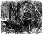 "The war in Tennessee. Federal pickets approached by Confederates in cedar bushes near Chattanooga. Our sketch shows the Confederate device for shooting down the Federal pickets. We have here not a whole wood marching, but single trees moving in the dusky twilight, continuously and stealthily, that their onward movement may be taken for the mere swaying of the trees in the wind. But the pickets in the third year of the war were keen of eye and quick of ear, and the hand on the trigger tells that some will fall in their cedar coffins to lie with no other cerements of the grave and molder away amid the crags and woods of that wild territory."— Frank Leslie, 1896