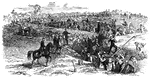 "The invasion of Pennsylvania- working on the fortifications near Harrisburg, Pa., June 16th, 1863. Our artist gives a view of the citizens of Harrisburg laboring on the fortifications of that city, showing that tardy but ineffective preparations made. Meanwhile the New York regiments all accustomed to military drill and evolution, some already tried by actual service, were hurrying to the scene of action; and on these men, till the War Department could assign regulars or volunteers, depended the safety of Pennsylvania."— Frank Leslie, 1896