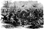 "The war in Virginia- Sheridan's Great Battle with J. E. B. Stuart at Yellow Tavern, May 11th, 1864- the Confederate raider's last fight. We give a sketch, which our readers cannot fail to admire, of the battle of Yellow Tavern, May 11th, 1864, where General J. E. B. Stuart, whose fame began by a successful raid around McClellan, fell mortally wounded. Our correspondent wrote: 'We found the enemy very strongly entrenched behind fortifications composing the outer line of the Richmond defenses. The position was a strong one, being situated upon a hill, commanding our whole corps, and our preservation depended on our driving them out. General Sheridan was equal to the emergency. The enemy was already pursuing us closely in the rear. The general ordered Custer to take his gallant brigade and carry the position. General Custer placed himself at the head of his command, and with drawn sabres and deafening cheers charged directly in the face of a withering fire, captured two pieces of artillery, upward of one hundred prisoners, together with caissons, ammunition and horses, which he brought off in safety. It was, without exception, the most gallant charge of the raid, and when it became known among the corps cheer after cheer rent the air. The Confederates retreated behind the Chickahominy, destroying in their flight Meadow Bridge. In the rear, Colonel Gregg's brigade of the Second Division, under General Wilson, was hotly engaged with Stuart. General Wilson sent word to General Sheridan that the enemy were driving him slowly back. General Sheridan replied that he must hold the position at all hazards- that he could and must whip the enemy. Colonel Gregg's brigade being re-enforced by a regiment from the First Brigade, charged the enemy and drove them nearly a mile. The day was now ours. The enemy had disappeared from our front, and we succeeded in rebuilding the Meadow Bridge, and the First and Third Divisions crossed, covered by the Second Division which in turn withdrew and also crossed, without being annoyed by the enemy.' In a desperate charge at the head of a column the Confederate general Stuart fell mortally wounded."— Frank Leslie, 1896