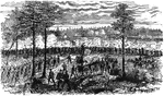 "The Siege of Petersburg. Battle of Ream's Station- the attempt of the enemy to regain the Weldon Railroad on the evening of August 25th, 1864. The enemy having been repulsed, the Federal skirmishers followed, advancing to the position they had formerly held, and capturing a number of prisoners. Shortly after the enemy again advanced, and were again driven back with heavy loss; and their third assault, made about four o'clock P. M., was attended with a like satisfactory result. In the first three charges the enemy used no artillery, but about five o'clock P. M. they opened a heavy, concentrated fire from a number of batteries, pouring a storm of shell and other missiles over the entire ampitheatre included within the Federal lines. After about twenty minutes of this artillery fire the enemy again made their appearance in front of General Miles's division, their assault being directed mainly against his centre. Emerging from the woods, they advanced in two lines of battle. The Federal artillery and musketry greeted them, as before, with a rapid fire, but without checking their progress. On they came, with bayonets fixed and without firing a shot. They approached the Federal lines, gained the outside of their intrenchments, and at some points a hand-to-hand conflict ensued over the top of the breastworks, the Federals beating back the Confederates with their bayonets as they atempted to climb over. But soon it was found that the Federal line was broken near the centre, and the gap once made rapidly grew wider, until nearly the entire line was swept back, leaving the Federal breastworks and artillery in the hands of the enemy. General Miles, with great coolness, set to work to rally the men, and in a short time succeeded in forming a line with its right resting against the breastworks. At the same time General Hancock ordered the Second Division to be faced about, and cheering and urging the men forward, ledthem in person in a charge at double-quick. This charge, which was made under a heavy fire, was gallantly executed, and in conjunction with the line rallied by General Miles instantly checked the enemy and regained the intrenchments for some distance further toward the left. After the enemy had been checked in the centre and along that portion of the line against which they had chiefly directed their attack the graetest part of the Second Division returned to their own intrenchments. By this time it was dark and the fighting ended. Our sketch shows the repulse of the last Confederate assault."&mdash; Frank Leslie, 1896