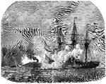 "Farragut's naval victory in Mobile Harbor. The <em>Hartford</em> engaging the Confederate ram <em>Tennessee</em>. Official report of the engagement: 'The engagement with the enemy's fleet took place on the west side of Mobile Bay, in the direction of Fort Powell, and out of range of the guns of Fort Morgan. The <em>Tennessee</em> boldly steamed in the direction of our fleet, as if for the purpose of running down and destroying the wooden vessels, without paying attention to the monitors, except to keep out of their way; but they persevered in following her and cutting her off, when her whole attention was forced to be directed to them. The fighting did not last long between them, however, for the flagship and the <em>Monongahela</em> steamed in the direction of the <em>Tennessee</em>, the <em>Monongahela</em> striking her amidships with her terrible prow, causing the huge Confederate monster to reel like a drunken man. The <em>Hartford</em> then grappled the <em>Tennessee</em>, but further bloodshed was saved by the latter hoisting the white flag from the pilot-house. Captain Pierre Giraud led the party who boarded the ram, and the Confederate Admiral Buchanana delivered up his sword to him.'"— Frank Leslie, 1896