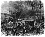 "The campaign in Georgia. A baggage train crossing the mountains in a storm. General Sherman, after the capture of Atlanta, prepared for the next move of his antagonist. Hood suddenly moved north, assailing Sherman's lines of communication; but he was repulsed at important points, and, being followed closely by Sherman, retreated southward. The mountain region was again the scene of operations just as winter was approaching. The immense labor and fatigue attendant on operations in that district may be conceived by our sketch of a baggage train crossing the mountains in a storm."— Frank Leslie, 1896