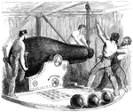 "Loading a 15-inch gun in the turret of an ericsson ironclad during the attack on Fort Sumter."— Frank Leslie, 1896