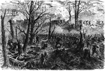 "The war in Tennessee. Capture of Mission Ridge, near Rossville, by General Thomas, November 25th, 1863. Our correspondent thus graphically depicts this scene: 'Simultaneously and instantaneously the two, or rather four, columns rushed forward across the valley of Citco Creek and up to the line of the Confederate rifle pits that lined the base of Mission Ridge. These even did not claim their attention, nor did the two or three discharges of musketry which received them call for a reply. On they pushed with their glittering bayonets, signaling back a reply that startled the already dismayed foe. They abandoned the works and their camps, over and through which our men rushed with headlong speed and a velocity which of itself would have secured them victory. The enemy had opened on these columns a heavy fire from several batteries, which he had massed along his centre, to hide and in some measure remedy his now apparent weakness there. But these were only replied to by the guns of Captain Bridges on Orchard Knob and the deep-mouthed monsters of Fort Wood. The foot of the hill was reached by the advancing column in good order, and now began the difficult ascent. Half-way up, the line became broken and ragged, and it looked much as if a heavy line of skirmishers were mounting the hill. When they reached the top, and the Confederate artillerists were limbering up their pieces, the front line was no longer preserved, but the men pushed forward indiscriminately. The Confederate infantry fled and yielded up the artillery without further struggle. From below we could see the Confederate flag as it entered and passed through Fort Hindman, and gave place to that of the Union. In just three-quarters of an hour after the order was given for the assault General Turchin, of Baird's division, occupied Fort Hindman with two of his regiments, and was rapidly moving the others forward to their support. Generals Willich, Hazen and Waggener were reaping harvest of artillery. The hill was won at four o'clock, the enemy cut in two, and his organization for the time destroyed. As the hill was won, General Grant, following in the wake of the advancing column, appeared in their midst on the summit. The troops saw and recognized him, and at once there went up a shout such as only victorious men can give to a victorious leader.'"— Frank Leslie, 1896