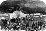 "Grant's Campaign in Virginia. Repulse of Lee's night attack on Smith's Brigade, Hancock's Corps, Friday, June 3rd, 1864. After the fearful battle of Friday, when Grant so gallantly attempted to force the passage of the Chickahominy and actually carried some of Lee's works, a lull ensued, and night was fast coming on in a universal stillness. But, suddenly, when nearly eight o'clock and as twilight was just vanishing, Hancock's Corps heard in the Confederate Corps heard in the Confederate works just by them the words of command. At once all was in motion, every man at his post. They had not long to wait. Over the intervening crest, clearly defined in the gathering darkness, came Beauregard's men. As the line appeared, Smith's Brigade of Gibbons's Division poured in a volley which pierced the darkness like a flash of lightning. Volley after volley is given, but they press on the Division of Barlow and Gibbons and the left of Wright's Corps. These gallant fellows welcomed their antagonists of the morning, and drove them back with terrible loss. This repulse of the Confederates closed the bloody work of the day, which stands the fiercest action of war."— Frank Leslie, 1896
