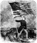 "The old flag again on Sumter- raised (on a temporary staff formed of an oar and boathook) by Captain H. M. Bragg, of General Gillmore's staff, February 18th, 1865."&mdash; Frank Leslie, 1896