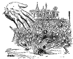 Gulliver's giant hand letting the imprisoned men of Lilliput go.