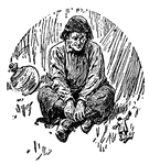Gulliver in Lilliput sitting on the grass speaking to an inhabitant.