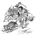 Gulliver draws his sword to defend himself against a giant rat in Brobdngnag.