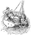 As Gulliver rows in the miniature boat made for him by the Queen of Brobdingnag, a giant frog leaps in and almost overturns the boat.