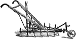 An Iron Age horse cultivator, good for working crops which require a horse cultivator. The levers can make the frame wider or narrower, enabling it to be used to create rows of the desired width.