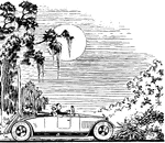 A couple driving under the moonlight in an old-style roadster.