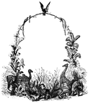 Floral frame, with several different types of birds and a rabbit.