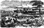 "Second battle of Bull Run, fought Saturday, August 30th, 1862, between the Federal forces commanded by Major General Pope, and the Confederate forces by Generals Lee, Jackson and Longstreet. The battle began about twelve o'clock noon, and was waged with unwavering success for the Federal forces until about four o'clock in the afternoon. The fighting on both sides was desperate and destructive, either party frequently firing shrapnel and grape from the artillery. At about four o'clock the whole of General Pope's troops, save those under General Banks, were engaged at close quarters with the Confederate forces. The conflict was a desperate one. The firing on both sides was terrific, and the whole line of General Pope's command, from generals commanding army corps down to enlisted men, behaved with wonderful coolness, courage and determination, and fought with the most heroic valor from the beginning to the end. The tide of battle turned adversely for the Federals about half-past five o'clock, overwhelming numbers of re-enforcements being precipitated against the left wing under General McDowell, who was compelled to fall back."— Frank Leslie, 1896