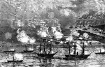 "Bombardment of Forts Jackson and St. Philip- the United States squadron, under Farragut, engaging the Confederate forts and fleet on its way to New Orleans, April 24th, 1862. The enemy's losses: In addition to the loss of their forts- Jackson, St. Philip, Pike, Chalmette, etc.- eighteen of their gunboats were destroyed, three iron rams, several floating batteries, booms, torpedoes, etc. The famous Hollins's ram <em>Manassas</em> was riddled, and, floating down a disabled wreck, it was destroyed by Porter's mortar fleet."&mdash; Frank Leslie, 1896