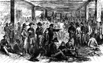 "Interior of Libby Prison, Richmond, Va., with prisoners from General Lee's army confined after the surrender. Our sketch represents the interior of Libby Prison filled with Confederate prisoners, among whom were over one hundred of the most desperate criminals in the South, being convicts who were released from jail on condition of serving in the Confederate ranks."— Frank Leslie, 1896