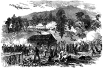 "The battle of Rich Mountain, Beverly Pike, Va., between a division of Major General McClellan's command, led by General Rosecrans, and the Confederate troops under Colonel Pegram, July 11th, 1863. Upon the arrival of General McClellan's troops on the Beverly Pike, which runs along the summit of Rich Mountain, a heavy fire was opened upon them, the Confederates firing shot, shell and grape, but so wildly that little damage was done. The Federal troops dropped flat and deployed as skirmishers advancing slowly. The enemy, mistaking this movement, rushed from their breastworks with a shout and approached the road. The Federals then fired a most terrific and destructive volley, and rushed up the slope into the enemy's ranks with fixed bayonets. The fight now raged promiscuously all over the hill. The Confederates were soon driven up the hill, over their breastworks, and completely routed. The battle continued for an hour and a half from the first to the last shot."&mdash; Frank Leslie, 1896
