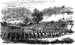 "Engagement at Bealington, Va., between Ohio and Indiana regiments and a detachment of Georgia troops. On July 8th, 1861, from a high hill in the neighborhood of Bealington, two large bodies of troops were seen marching out of the Confederate camp. They advanced under cover of the wood, when the Federal skirmishers rushed at them. The confederate cavalry then appeared, and the skirmishers retreated, when the Federal regiments threw a couple of shells into the midst of the cavalry, who at once retired. The Ohio troops then sent another volley and several shells into the wood, which did so much execution among the Confederates that the officers could not rally them."— Frank Leslie, 1896