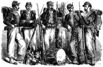 "Group of Ellsworth's Chicago Zouave Cadets. No military organization during the war was more brilliant than the Chicago Zouave Cadets, with their striking and gay uniforms; their flowing red pants; their jaunty crimson caps; their peculiar drab gaiters and leggings, and the loose blue jackets, with rows of small, sparkling buttons, and the light-blue shirt beneath. In all their evolutions the Zouaves displayed great precision."&mdash; Frank Leslie, 1896