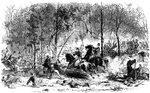 "Second charge upon the Confederates by General Fremont's bodyguard, under Major Zagonyi, near Springfield, Mo., on October 25th, 1861. After the first charge of Major Zagonyi, described on another page, Captain McNaughton reached the scene with fifty men. The order to follow retreating Confederates was given, and all dashed ahead for a second charge through the woods. Many of the fugitives were overtaken there, as well as in the streets of Springfield and in the forest beyond the city. Only when further pursuit seemed useless did the Federals return. Zagonyi's brave followers suffered a loss of eighty-four dead and wounded in this engagement, which, for the boldness of its undertaking and the rapidity of its execution under the great disparity of numbers, certainly has but few parallels in any history."&mdash; Frank Leslie, 1896