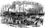 "Landing of United States troops at Fort Walker, after the bombardment, November 7th, 1861. In order to establish a naval rendezvous where vessels on the way to or from blockading squadrons could coal and take refuge in case of need, it was decided by the Federal authorities to capture the entrance to Port Royal, South Carolina. A large expedition was fitted out, and after a heavy bombardment of about four hours, signal was given that the two forts, Walker and Beauregard, had been abandoned. When the Federal troops landed at Fort Walker they found numbers of dead and dying amidst dismounted guns in all directions, and the hospital building shot through and through in many places. The loss on the fleet was 8 killed and 23 wounded."— Frank Leslie, 1896