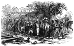 "Morning mustering of the 'Contrabands' at Fortress Monroe, on their way to their day's work. As a living illustration of one of the aspects of the Civil War, a sketch is given above of the contrabands, [African Americans], going to their daily work at Fortress Monroe. The variety of the Ethiopian countenance is capitally given, and while some remind us of the merry phiz of George Christy in his sable mood, others wear the ponderous gravity of a New Jersey justice. The [African American] men had a comparatively pleasant time under their state of contraband existence."— Frank Leslie, 1896