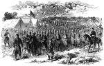 "The morning detail of the Fourth New Hampshire Volunteers going to work on the Hilton Head Fortifications. The morning detail of a regiment going to work on the fortifications was rather a merry and a peculiar sight. Instead of rifles and cannon, the heroes were armed with shovels, hoes, spades, pickaxes and trowels, while their train of artillery was a battery of wheelbarrows. Above all the troubles, ravages and cares of a campaign rose that indomitable cheerfulnes and willingness so characteristic of the American."— Frank Leslie, 1896
