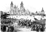 "The plaza of the City of Mexico durin the Mexican War."—E. Benjamin Andrews 1895