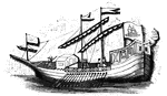 A Spanish caravel. The vessels furnished by Isabella were only <em>caravels</em>, light coasting ships, without decks, and furnished with cars like the ancient gallys.