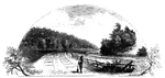 Battleground near Fort Anne. This sketch was taken from the rail-road, looking north. The forest upon the left is the 'thick wood' of the Revolution, but on the right cultivated fields have taken the place of the forest to a considerable extent. On the right is seen the Champlain Canal, here occupying the bed of Wood Creek. The fence on the left indicates the place of the public road between Fort Anne and Whitehall. When this sketch was made (1848) the rail-road was unfinished.