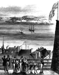 View of Point Levi from Durham Terrace, Quebec. This sketch is taken from Durham Terrace, near the north wall of the Castle Garden. In the foreground are the tops of the houses below in Champlain, Notre Dame, and St. Peter's Streets, and in the distance, across the St. Lawrence, is seen Point Levi, with its pretty little village, its church and wharves. On the extreme left, in the distance, is the upper end of the island of Orleans, which divides the channel. The point seen is the place where Wolfe erected batteries.