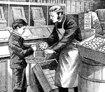 A boy customer buying eggs.