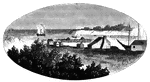View of Oswego and the Fort in 1798. This view is from the west side of the river, near the site of the present United States Hotel.