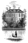 Schuyler's Mansion. This view is from Schuyler Street. The edifice is of brick, having a closed octagonal porch or vestibule in front. It was built by Mrs. Schuyler while her husband was in England in 1760-1. The old family mansion, large and highly ornamented, in the Dutch style, stood nearly upon the site of the present City Hall, between State and Washington Streets. It was taken down in 1800.