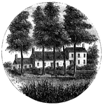 Steuben's head-quarters. This view is from the field in front of the house, looking north. The dwelling is at the end of a lane several rods from the main road leading to Middlebrook from New Brunswick. It is on the western side of the Raritan, and about a mile from the bridge near Middlebrook. Only the center building was in existence at the time in question, and that seems to have been enlarged. Each wing has since been added. The interior of the old part is kept in the same condition as it was when Steuben occupied it, being, like most of the better dwellings of that time, neatly wainscoted with pine, wrought into moldings and panels.