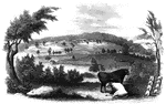 The Bennington battle-ground. This view is from the hill on the southwest bank of the Walloomscoick, a little west of the road from the bridge to Starkville, looking northeast. The road over this hill existed at the time of the battle. The river, which here makes a sudden bend, is seen at two points- near the cattle, and at the bridge, in the distance, on the right. The house on the left, near the bridge, is Mr. Barnet's, and the road that crosses the center of the picture from right to left is the road from Bennington to Van Schaick's or North Hoosick. It passes along the river flat, at the foot of the hills where the battle occurred. The highest point on the distant hills, covered with woods, is the place where the Hessians were intrenched. From that point, along the hills to the left, for about two miles, the conflict was carried on; and upon the slopes, now cultivated, musket-balls and other relics of the battle have been plowed up.