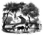 Head-quarters of Agnew and Erskine. This house is on the south bank of Still River, at the north end of the main street. It was built by Benjamind Knapp, in 1770, and was owned by him at the time of the invasion. His birth-place is also standing, on the north side of the river. They were among the few houses not burned. At the bridge seen on the right the British planted a cannon, and kept a strong guard there until their departure. This house is now (1848) owned by Noah Knapp.