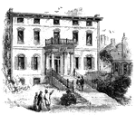 "The Province House. The Province House, the residence of the colonial governors, is still standing, in the rear of stores on Washington Street, oppposite Milk Street. It is a large brick building, three stories high, and was formerly decorated with the king's arms richly carved and gilt. A cupola surmounted the roof. In front of the house was a pretty lawn with an iron fence, and on each side of the gate was a large oak-tree. The ground sloped, and in front were about twenty stone steps. Its grounds are now covered with buildings, and the house can not be seen without entering Province Court. The king's arms are in the cabinet of the Massachusetts Historical Society."—Lossing, 1851